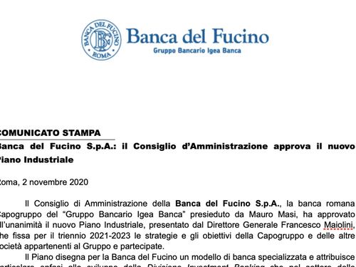 Banca del Fucino SpA: il Cda approva il nuovo piano industriale
