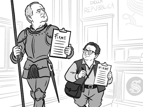 Don Chisciotte Lotito con Sancho Panza Damiani a caccia di firme contro l’azionariato popolare