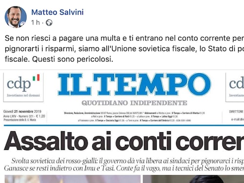 Matteo Salvini con Il Tempo, furia contro i pignoramenti dei conti