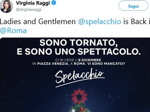 Torna l'albero di Natale e per la Raggi è sempre "Spelacchio"