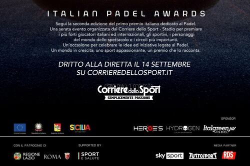 Italian Padel Awards, giovedì 14 settembre la notte delle stelle