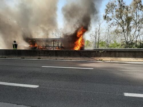 Va a fuoco un pullman Cotral. Fiamme sulla Pontina