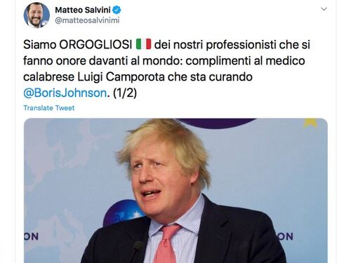 Matteo Salvini "orgoglioso" del medico italiano che cura il premier britannico Boris Johnson