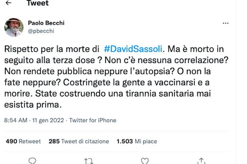 Sassoli e il vaccino, Becchi semina dubbi e finisce nella bufera