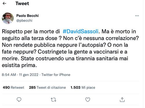 Sassoli e il vaccino, Becchi semina dubbi e finisce nella bufera