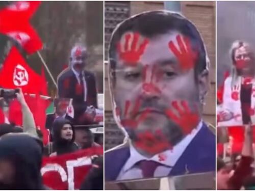 Milano, sagome insanguinate di Salvini e Meloni: ecco la sinistra della "pace"