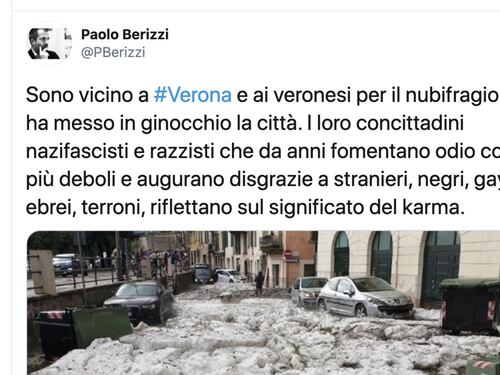 Il nubifragio di Verona? Karma contro i razzisti. Il tweet choc del giornalista Paolo Berizzi fa indignare tutti