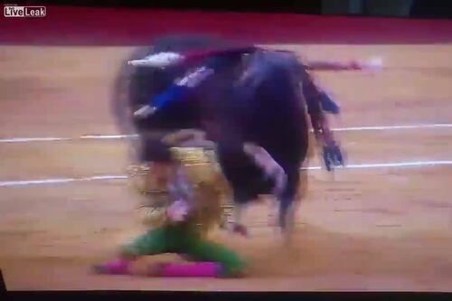 Il toro lo incorna e l'occhio di vetro del matador schizza via